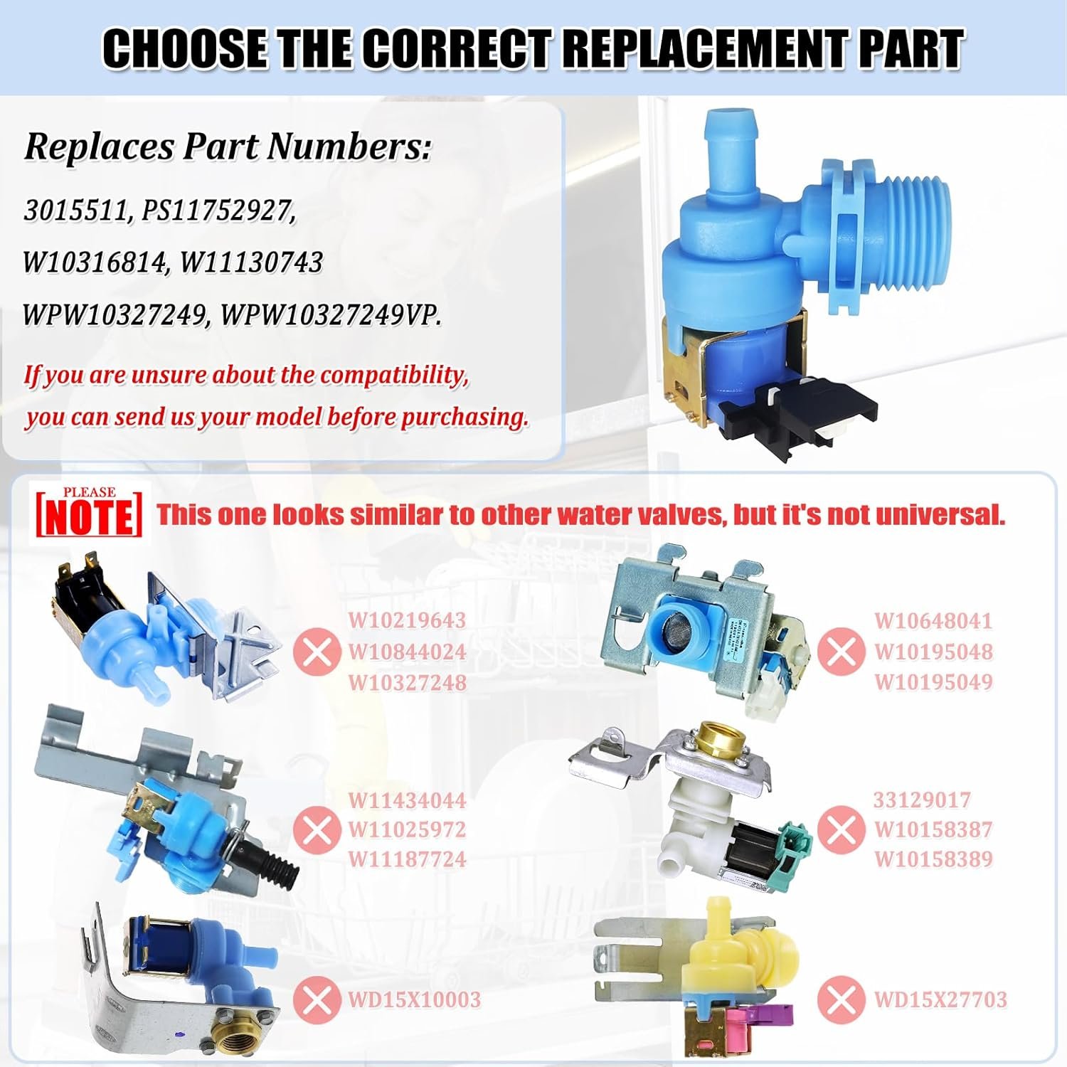 upgraded w10327249 wpw10327249 dishwasher water inlet valve, dishwasher water valve replacement part w10316814 w11130743