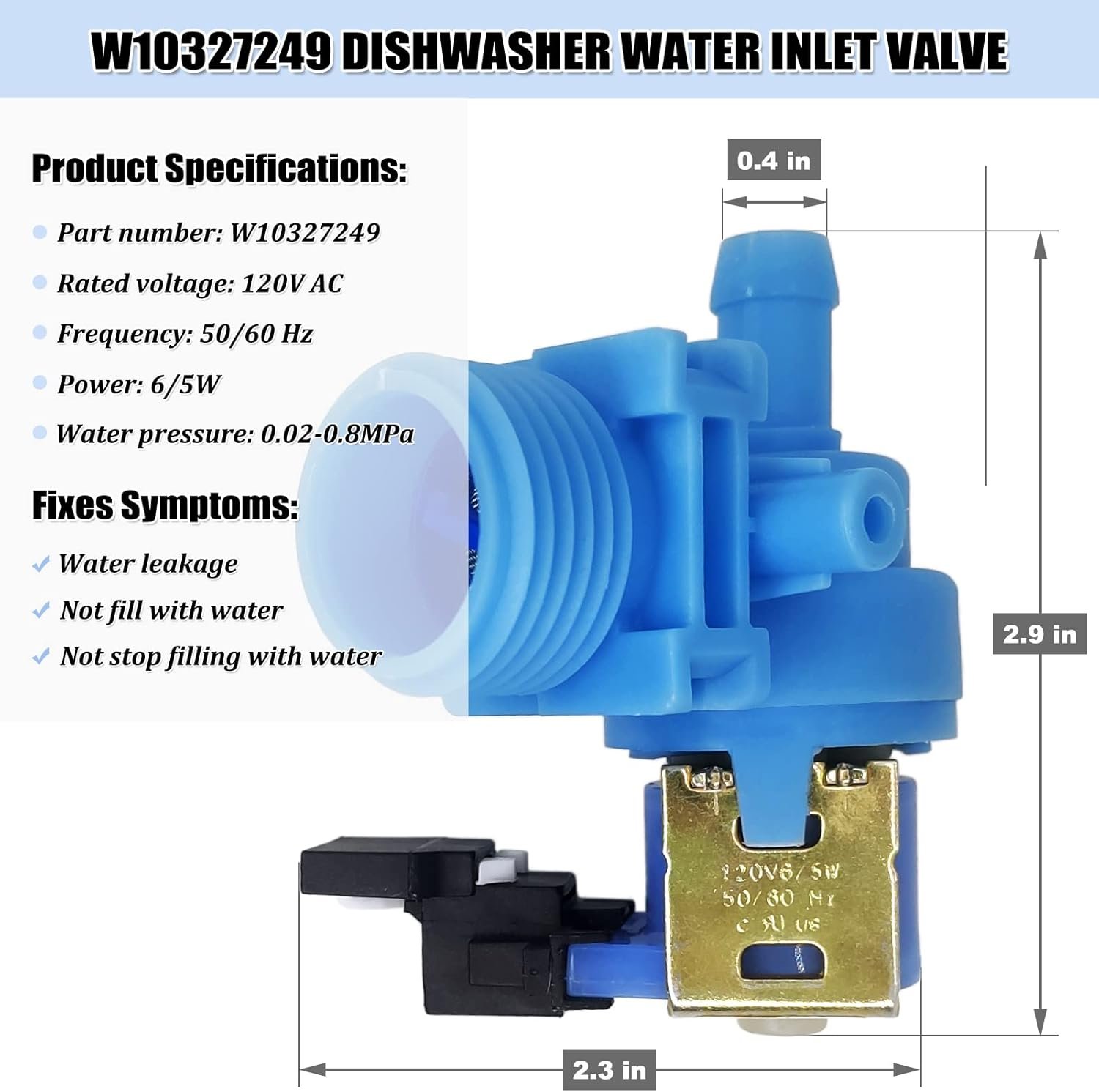 upgraded w10327249 wpw10327249 dishwasher water inlet valve, dishwasher water valve replacement part w10316814 w11130743