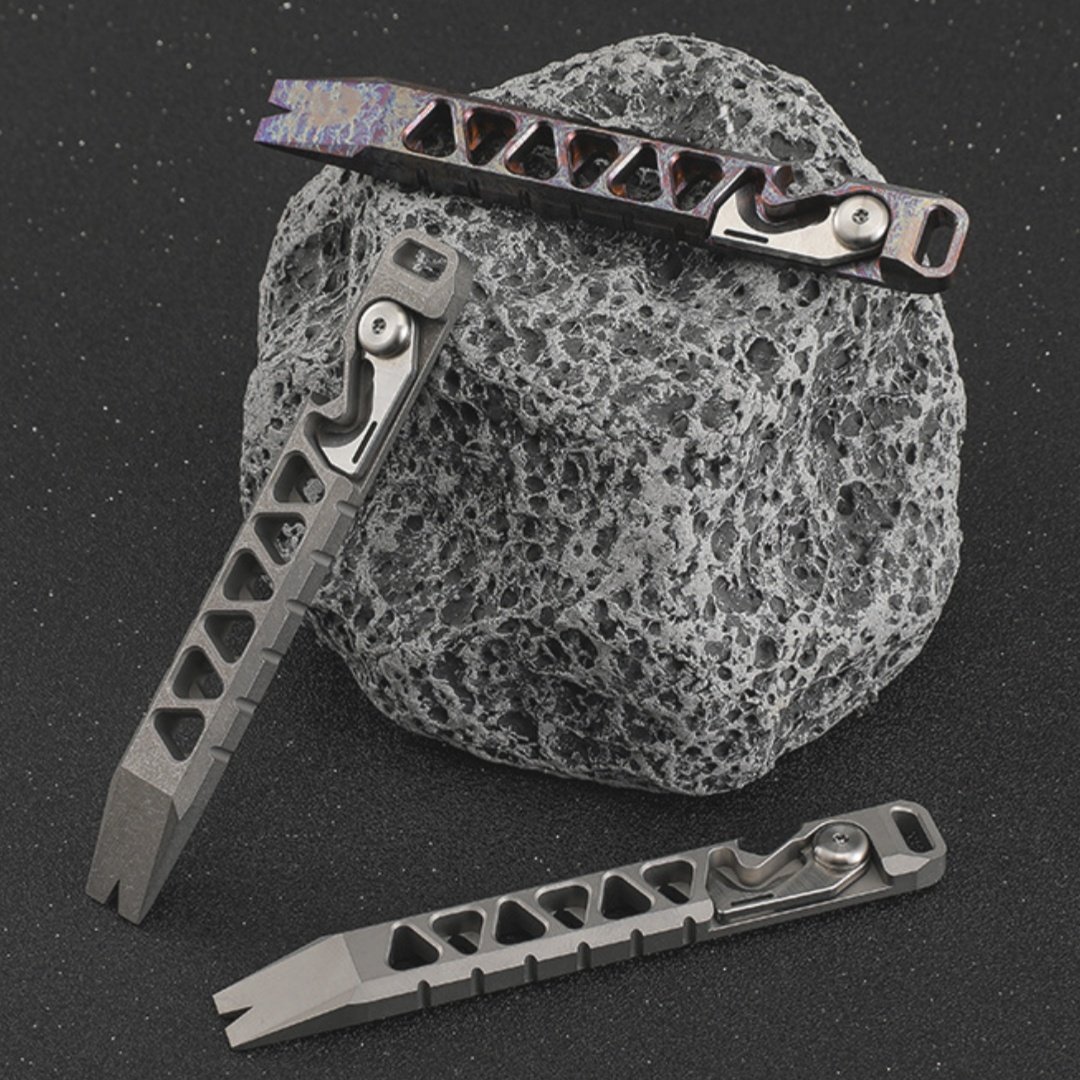 ultra light tc4 titanium multi functional edc pry bar | 111mm tactical prying tool with integrated seatbelt cutter & bottle opener